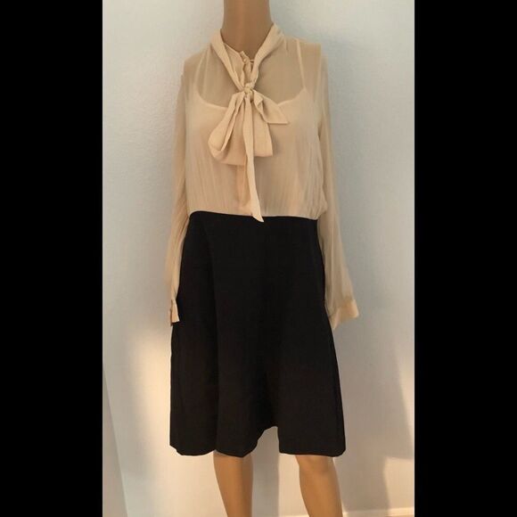 SZ12 DKNY  Silk Tie Neck Color Block Dress (Ivory/Black) - Picture 11 of 13